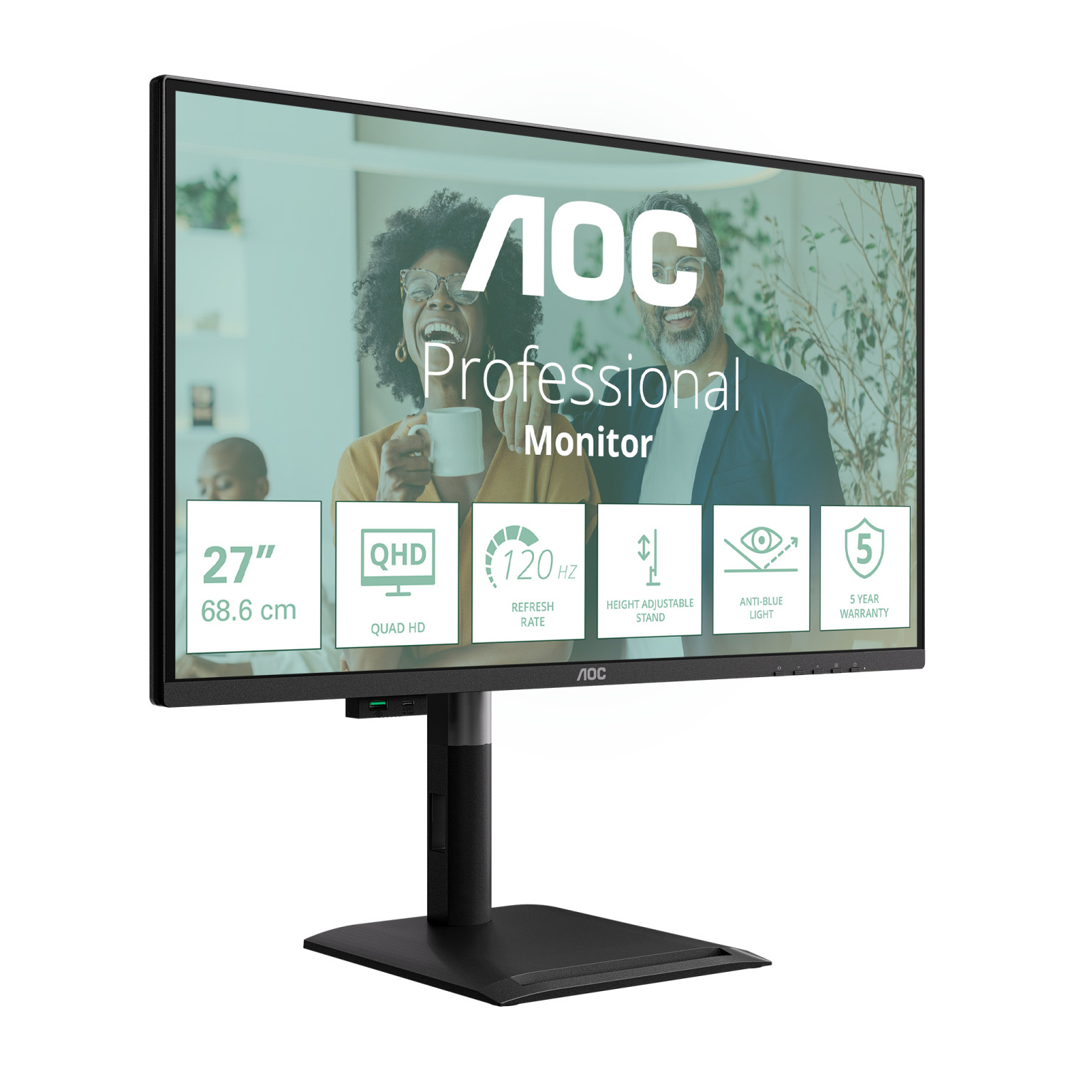 Monitor professionale AOC da 27 pollici con QHD, 120Hz, supporto regolabile, luce anti-blu, 5 anni di garanzia.