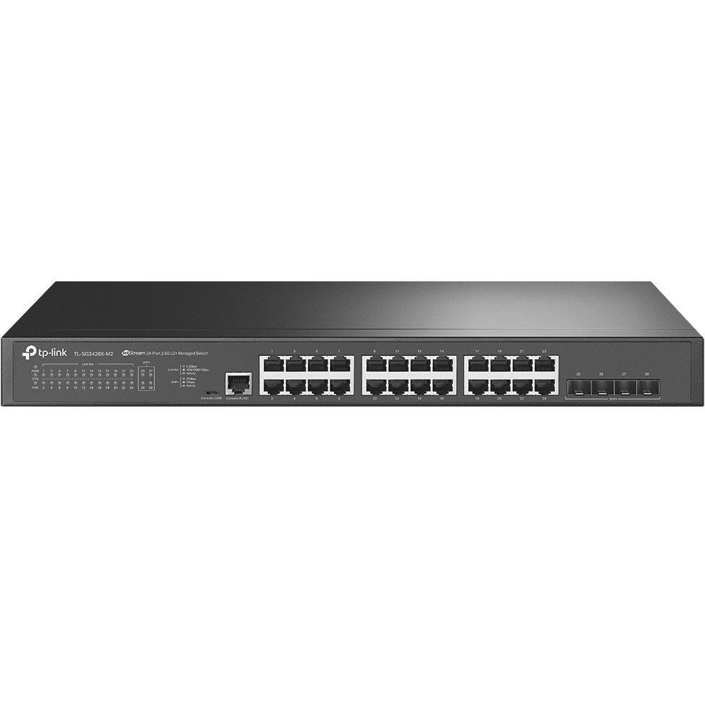 Ein schwarzer TP-Link 24-Port Managed Switch mit vielen Anschlüssen und LEDs.