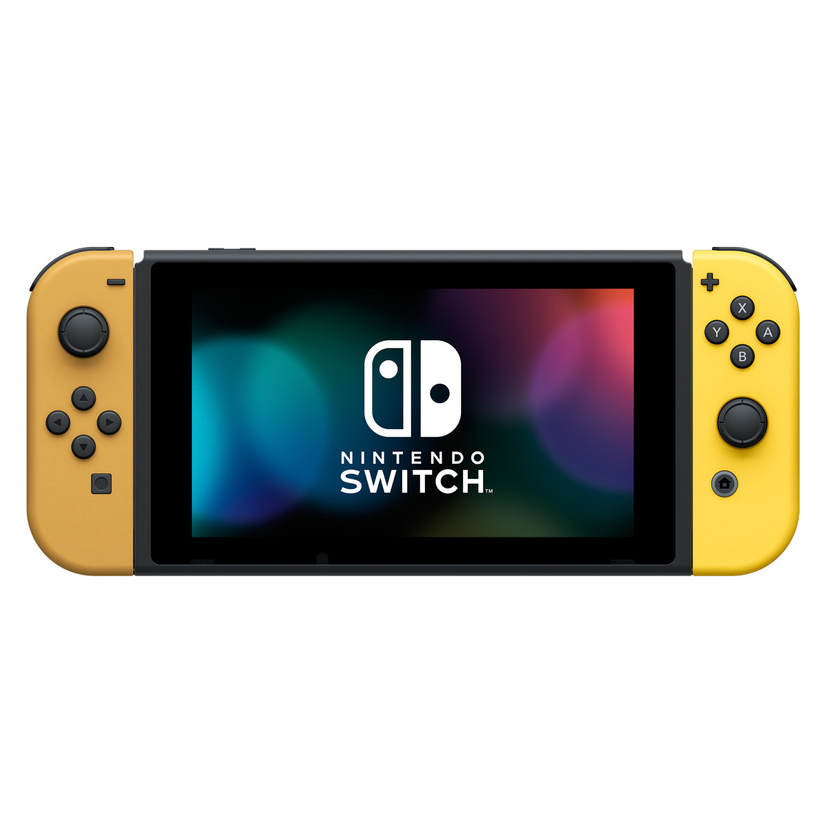 Ein gelbes Nintendo Switch mit dem Logo auf dem Bildschirm.