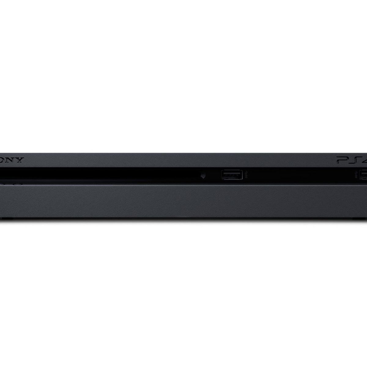 Schwarze Sony PlayStation 4 Konsole mit USB-Anschlüssen und PS4-Logo.