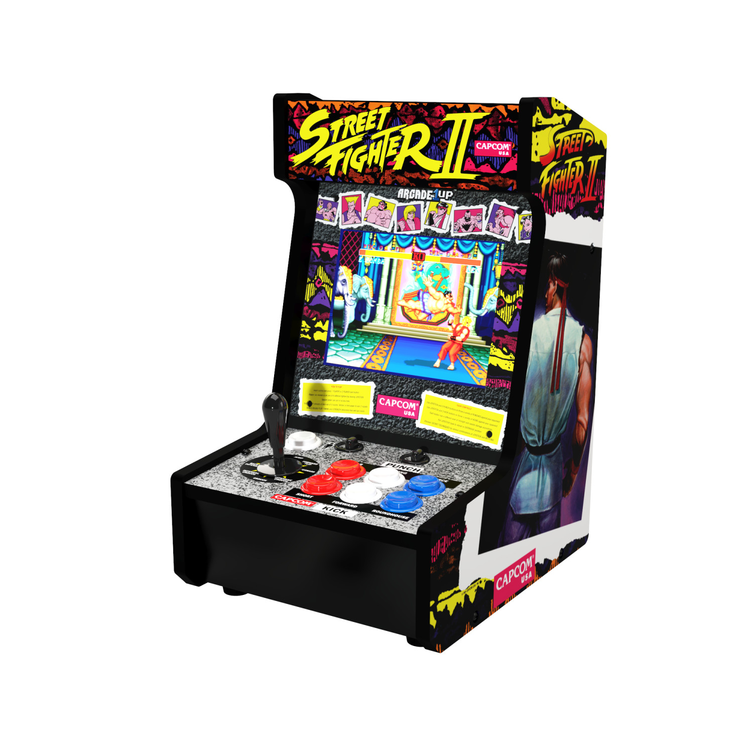 Ein Street Fighter II Arcade-Automat mit Joystick und Knöpfen.