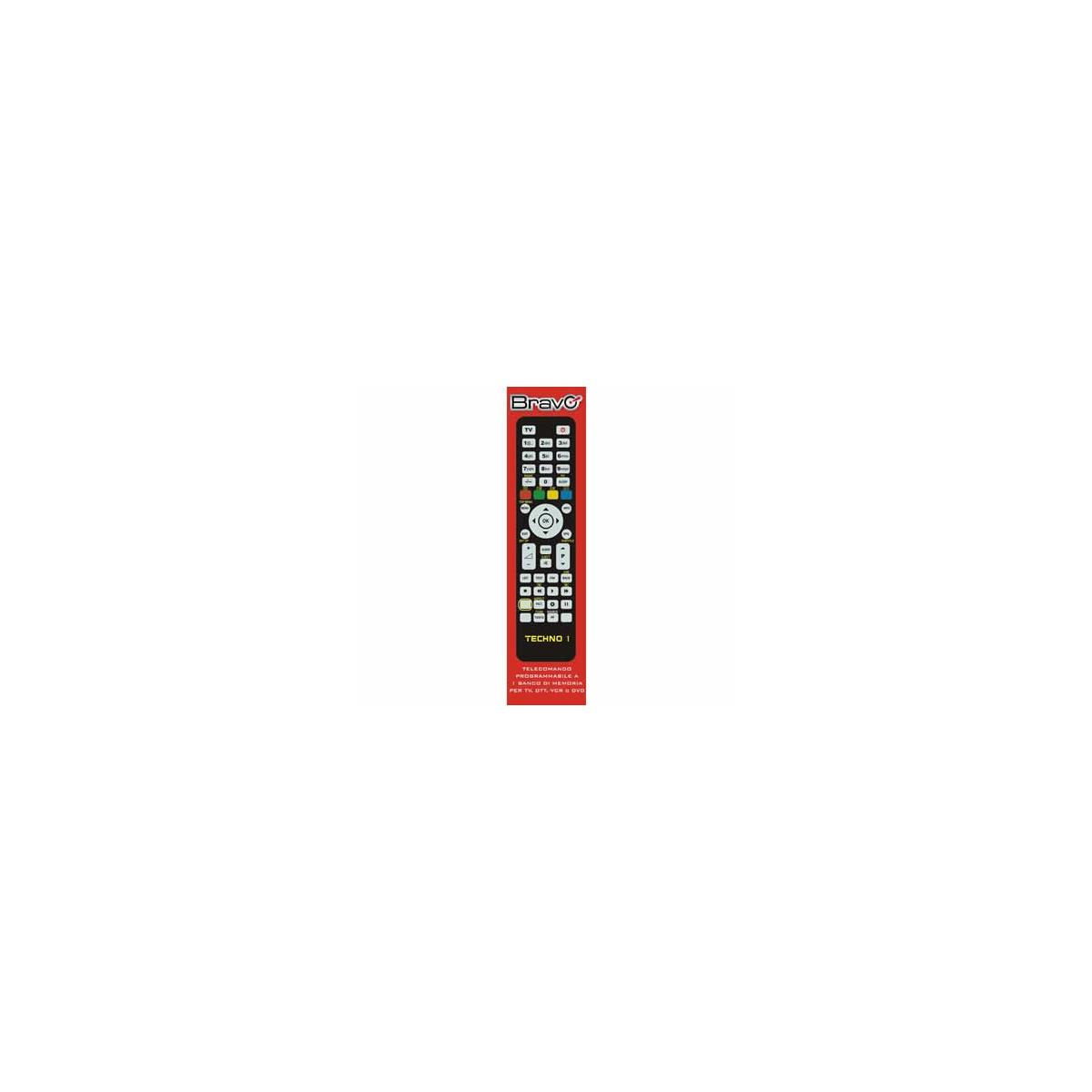 Un telecomando universale rosso con molti pulsanti, etichettato "Bravo".