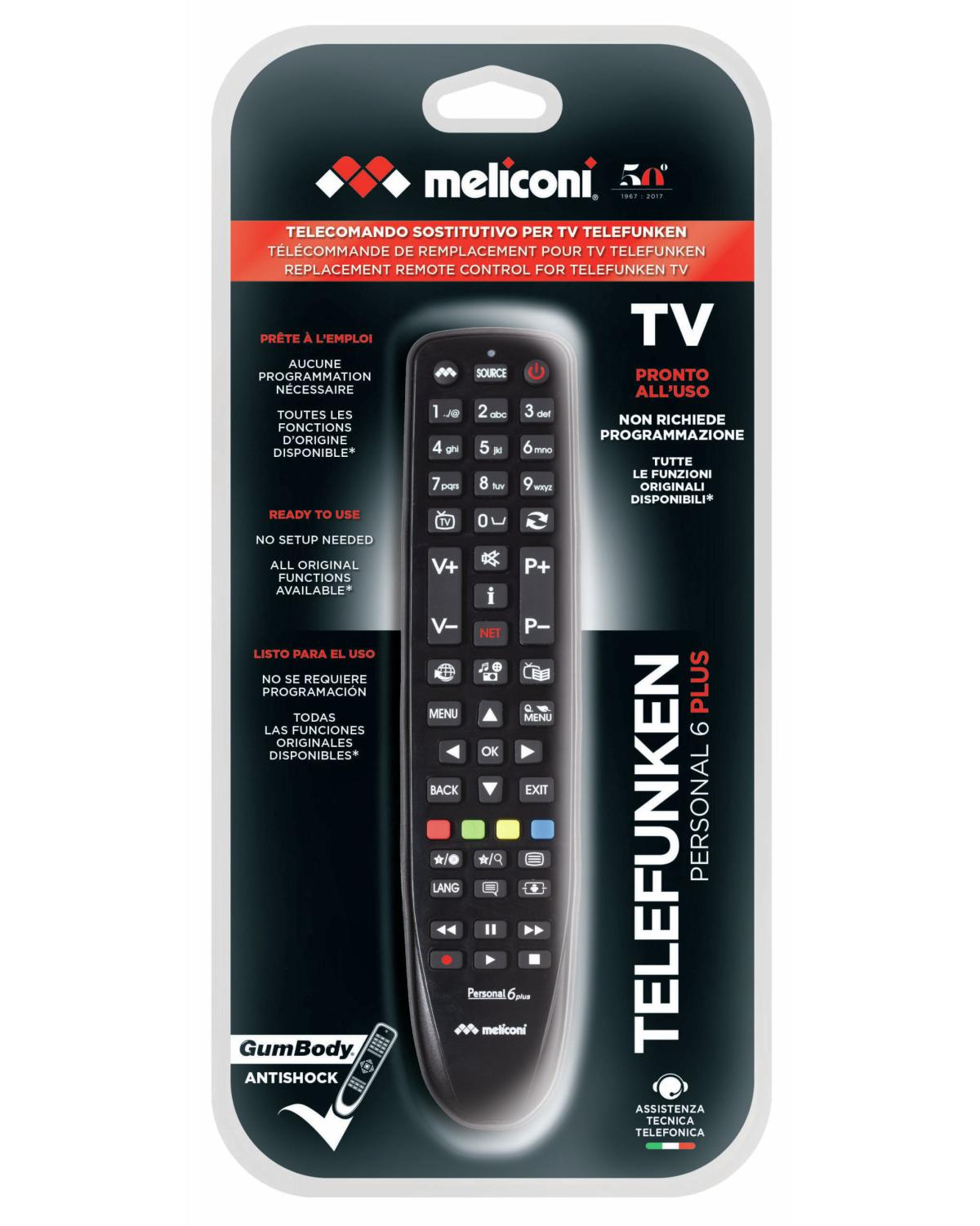 Embalaje de un mando a distancia Meliconi para televisores Telefunken.