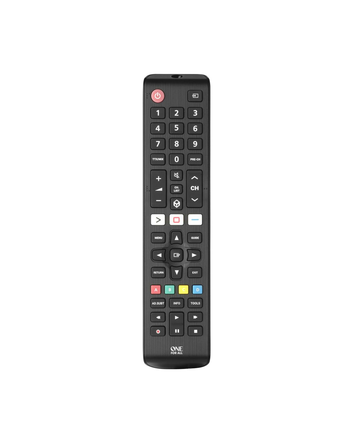 Un mando a distancia universal negro con botones y un logo.