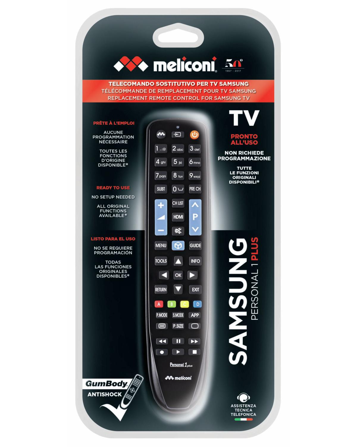 Embalaje de un mando a distancia negro para TV Samsung con logo y texto "meliconi".