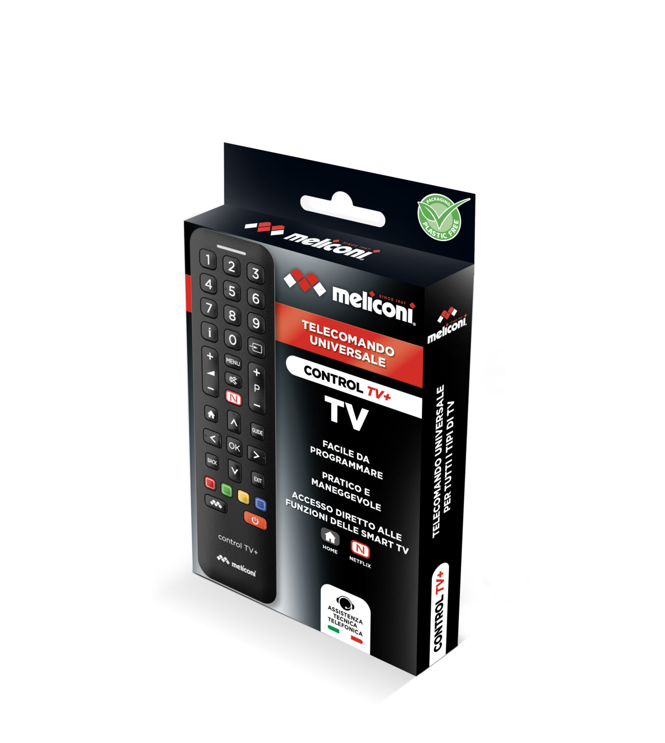 Embalaje de un mando a distancia universal negro Meliconi modelo CONTROL TV+.