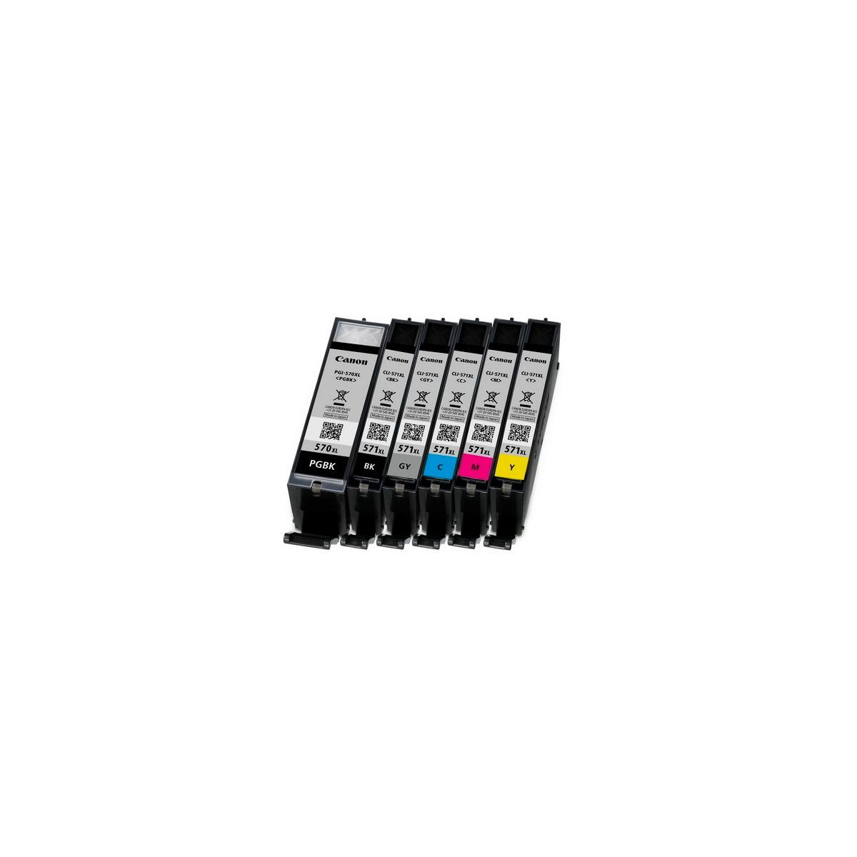 Zes Canon inktcartridges in zwart, grijs, cyaan, magenta en geel.