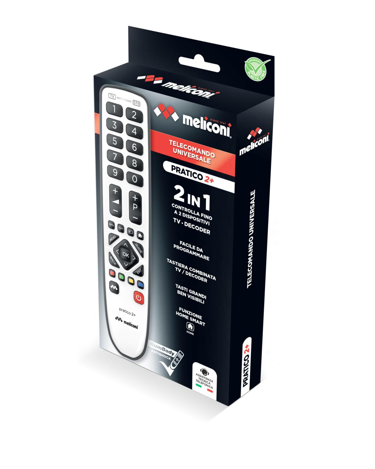 Embalaje de un mando a distancia universal Meliconi, modelo Pratico 2+.