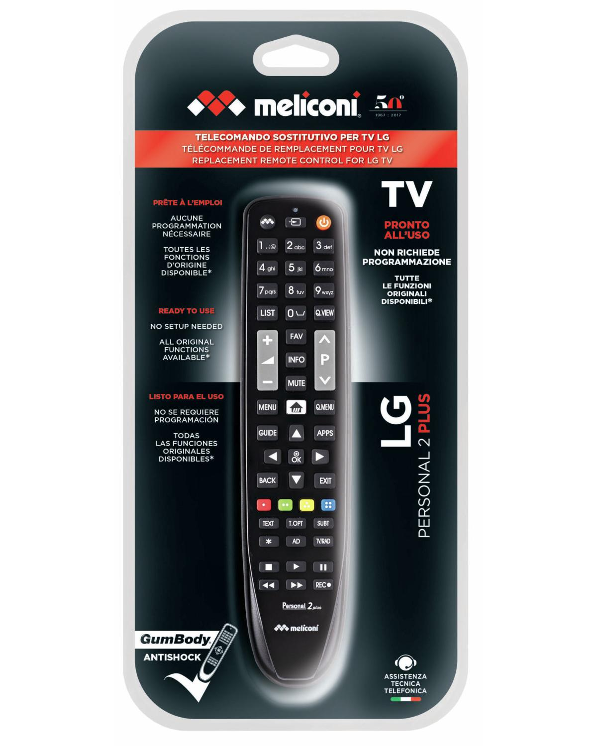 Un mando a distancia LG con etiquetas multilingües, empaquetado.
