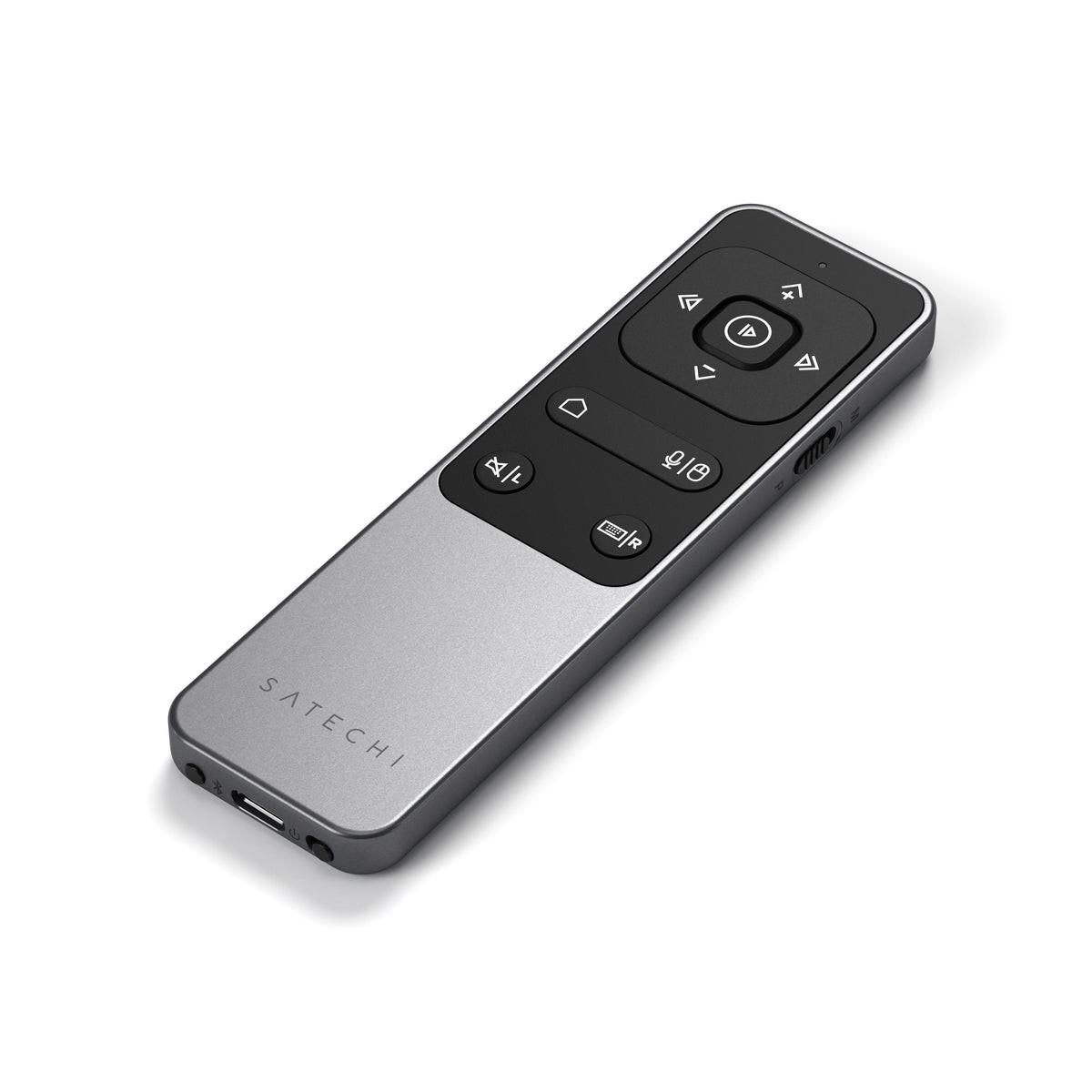 Presentatore Satechi argento con pulsanti neri, porta USB-C e controlli volume.