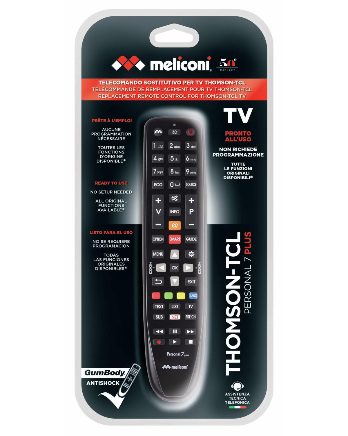 Embalaje de un mando a distancia Meliconi Thomson-TCL con texto.