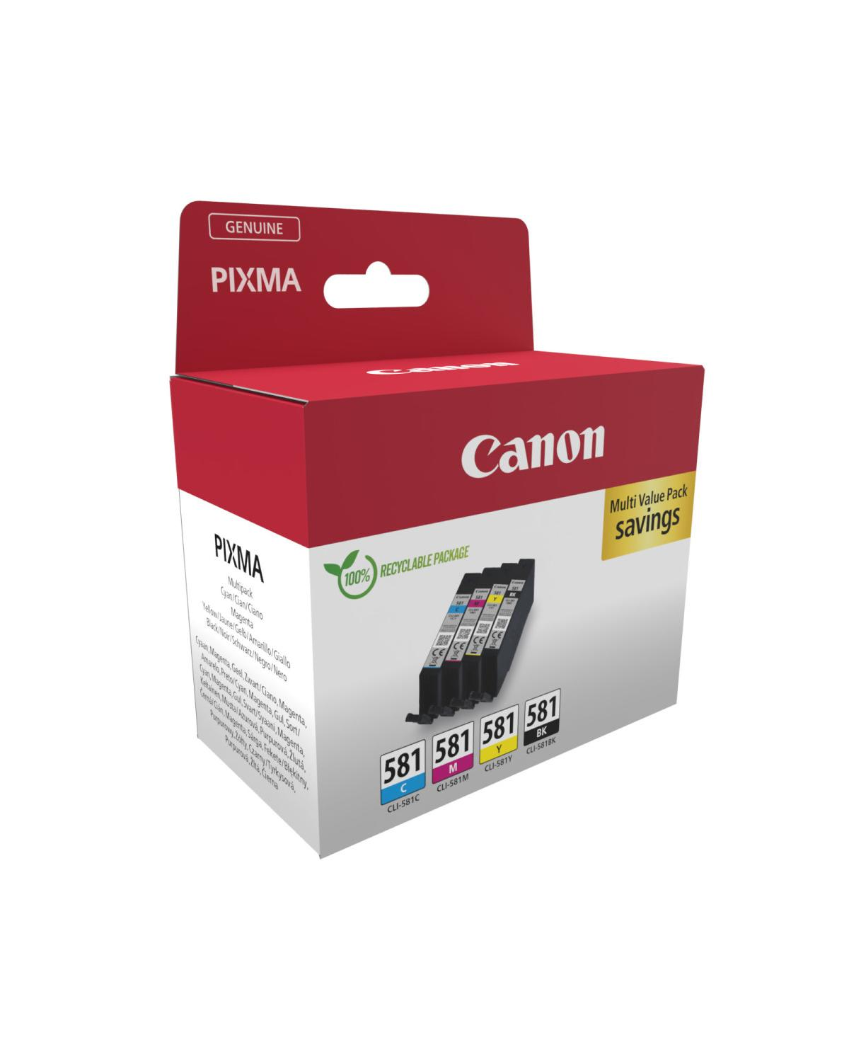 Canon PIXMA Multipack Tintenpatronen: Cyan, Magenta, Gelb, Schwarz, Recyclingverpackung.