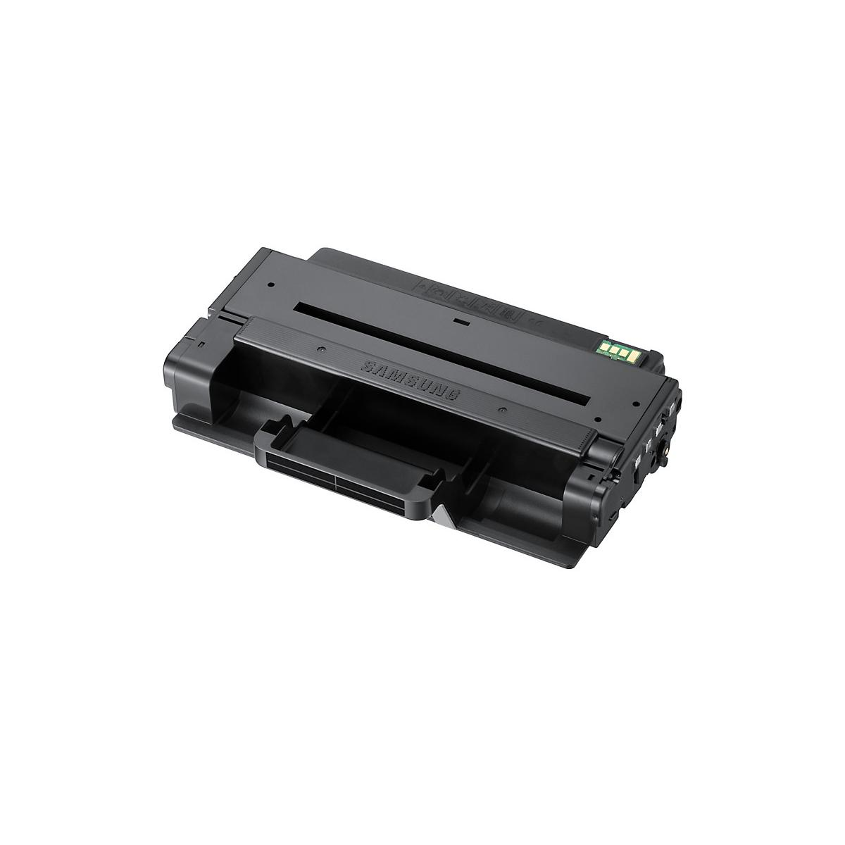 Cartuccia toner Samsung nera con manico e chip su sfondo bianco.