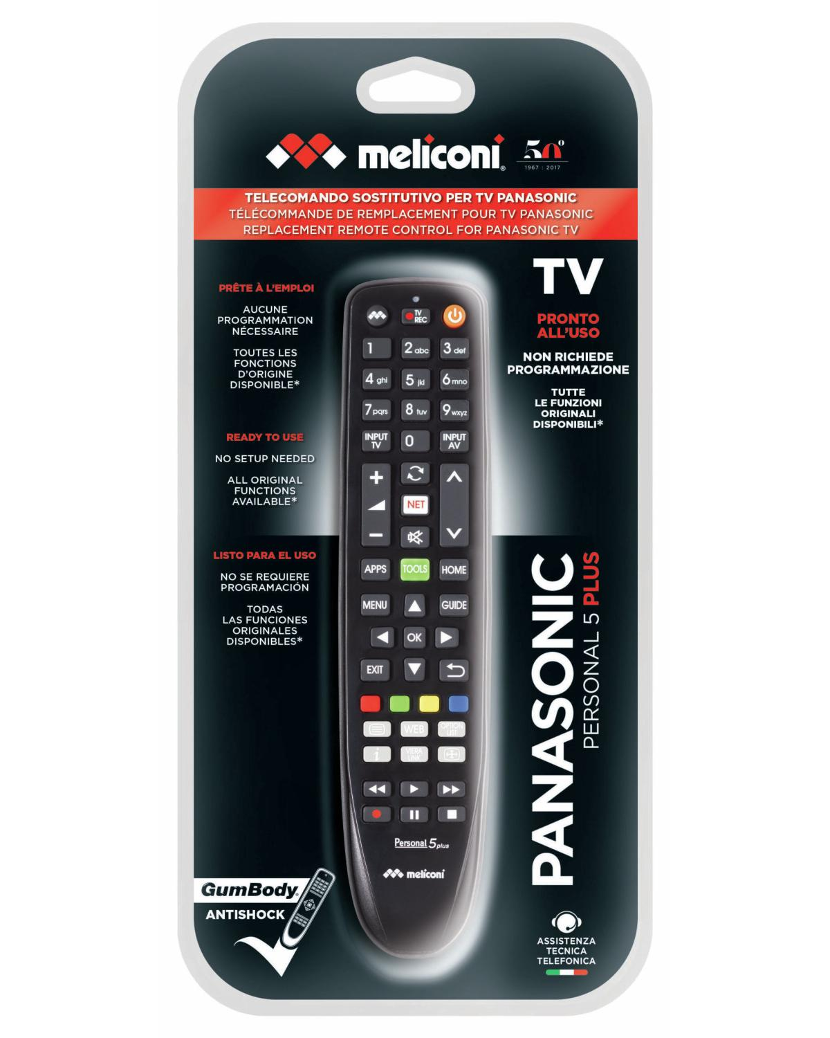 Un mando a distancia de repuesto Meliconi Personal 5 Plus para TV Panasonic, en embalaje.