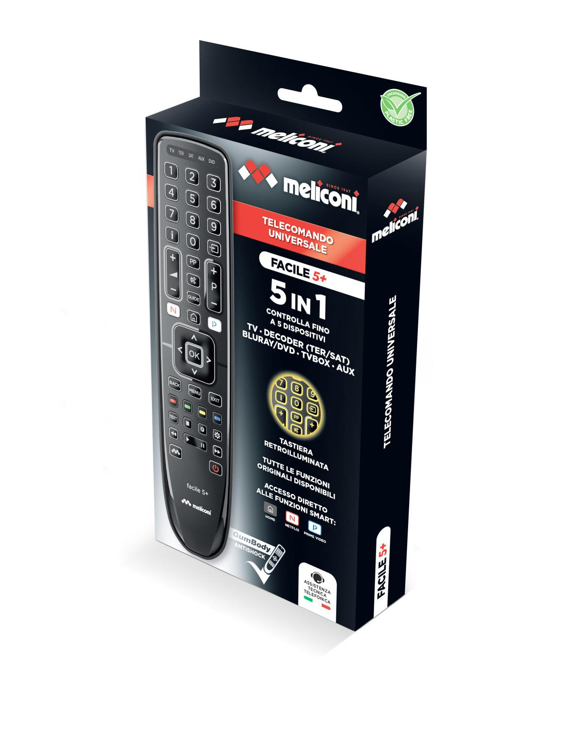 Embalaje de un mando a distancia universal Meliconi con diseño negro y rojo.