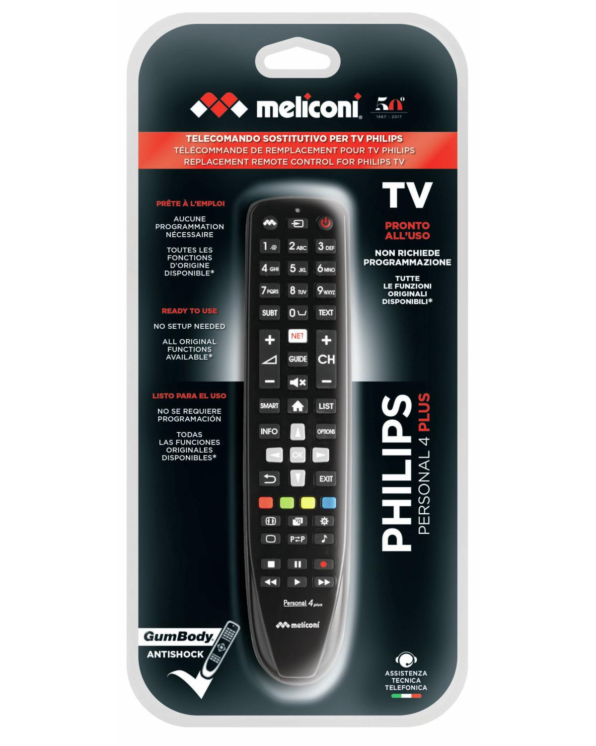 Un mando a distancia para TV Philips en embalaje Meliconi, mostrando botones e instrucciones.