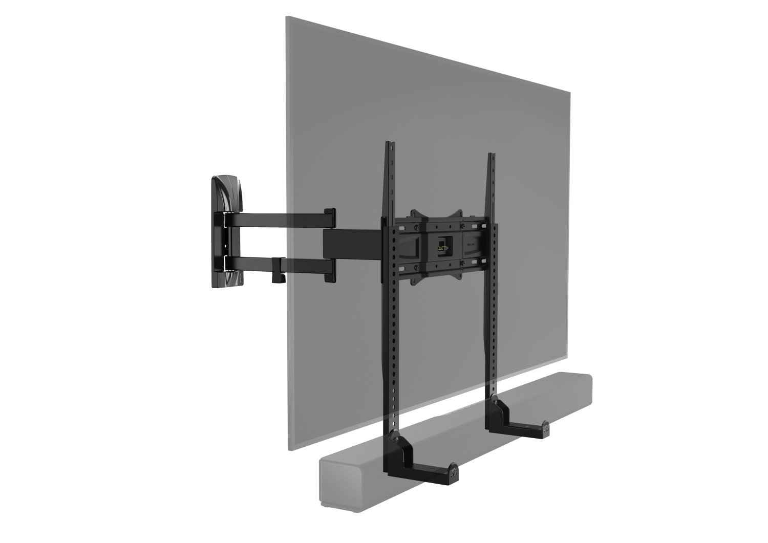 Soporte de pared negro para TV con brazo extensible frente a pantalla gris.