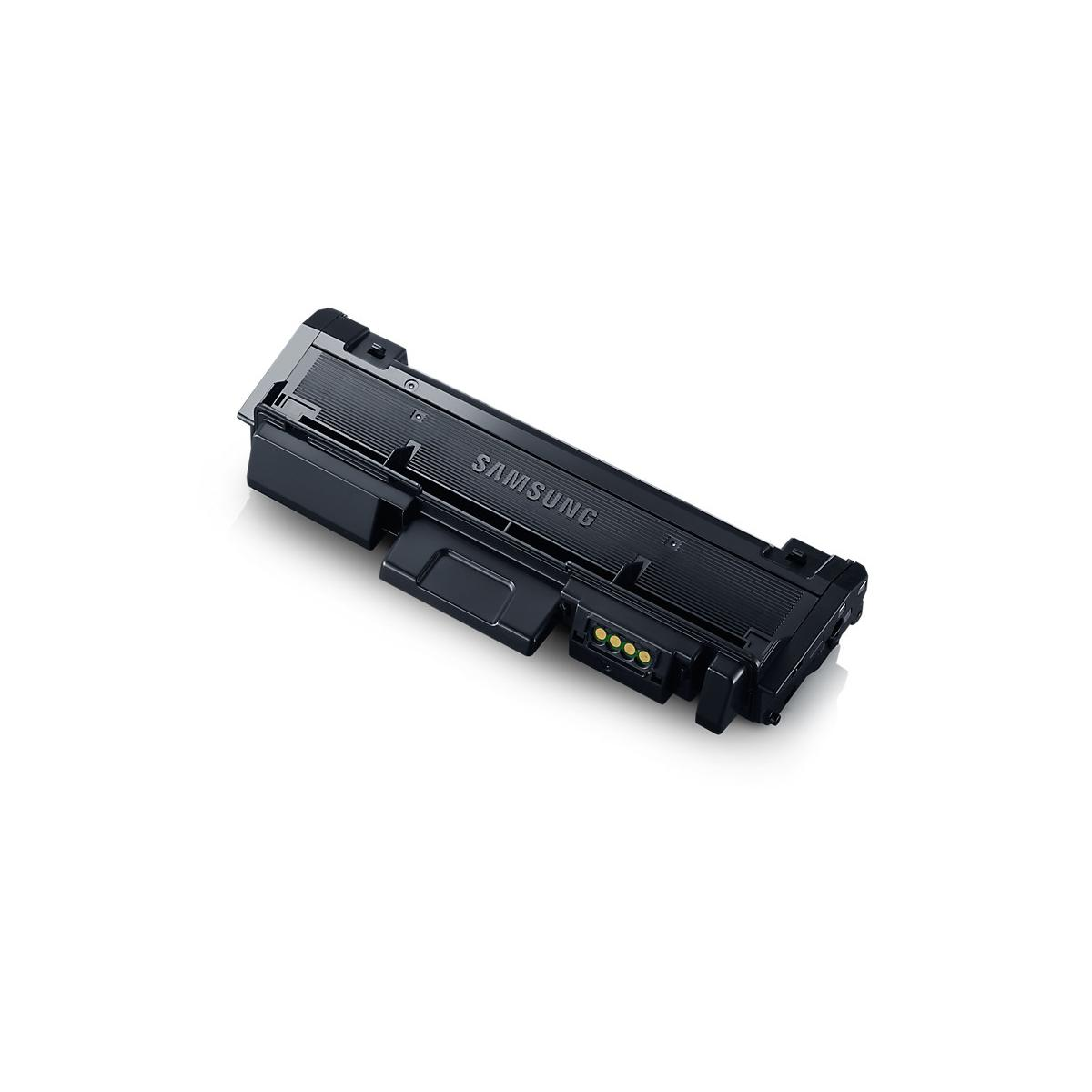 Cartuccia toner stampante Samsung nera su sfondo bianco, vista laterale.