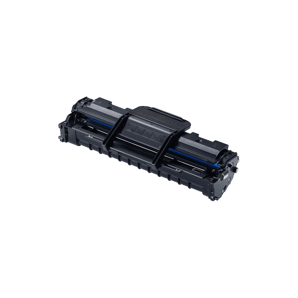 Una cartuccia toner nera con accenti blu, isolata su bianco.