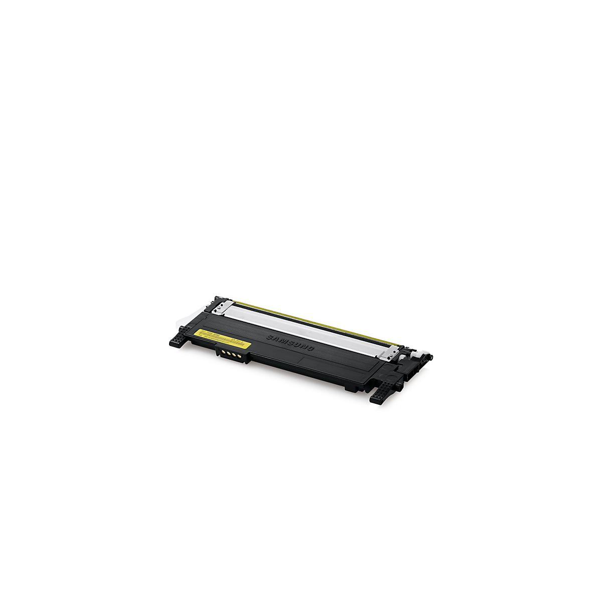Una cartuccia toner Samsung gialla e nera su sfondo bianco.