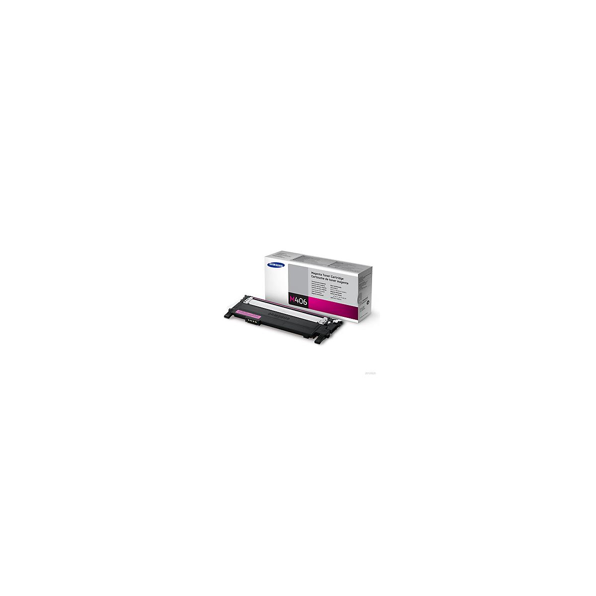Cartuccia toner magenta Samsung M406 e la sua scatola. Sfondo bianco.