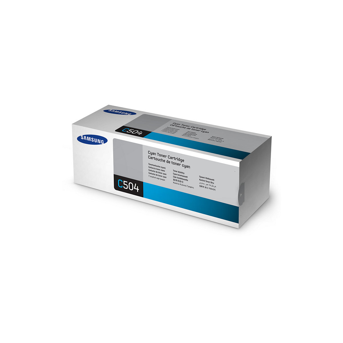 Una cartuccia toner Samsung C504 ciano è mostrata nella sua confezione.