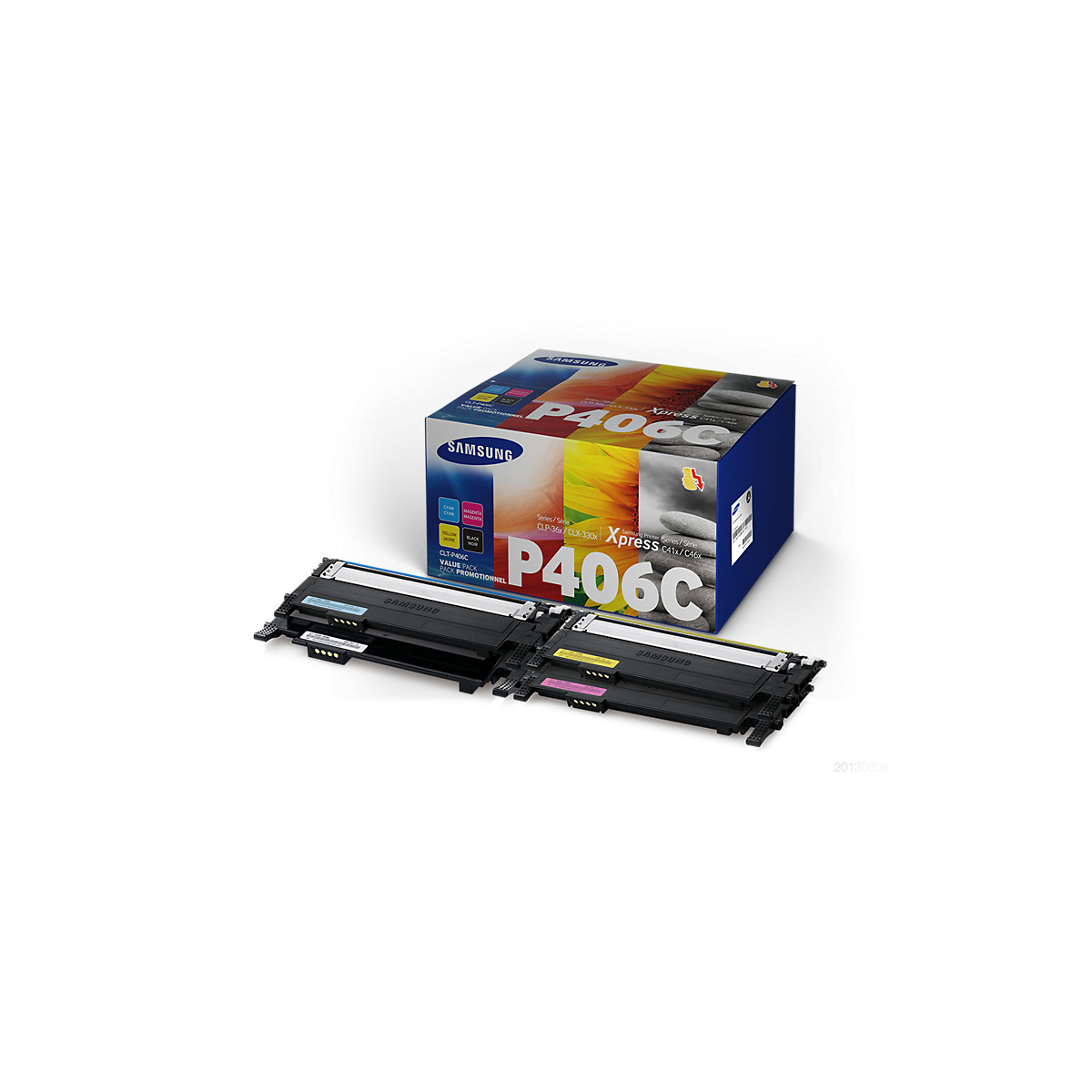 Set toner Samsung P406C con quattro cartucce e confezione.
