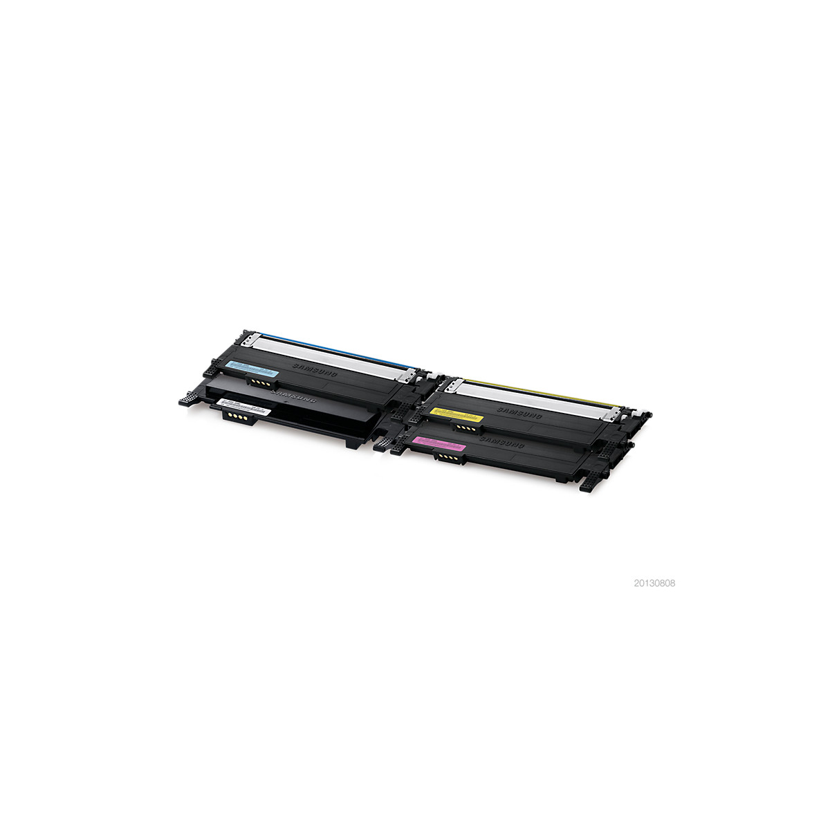 Quattro cartucce toner Samsung: due nere, una gialla, una blu e una rosa.