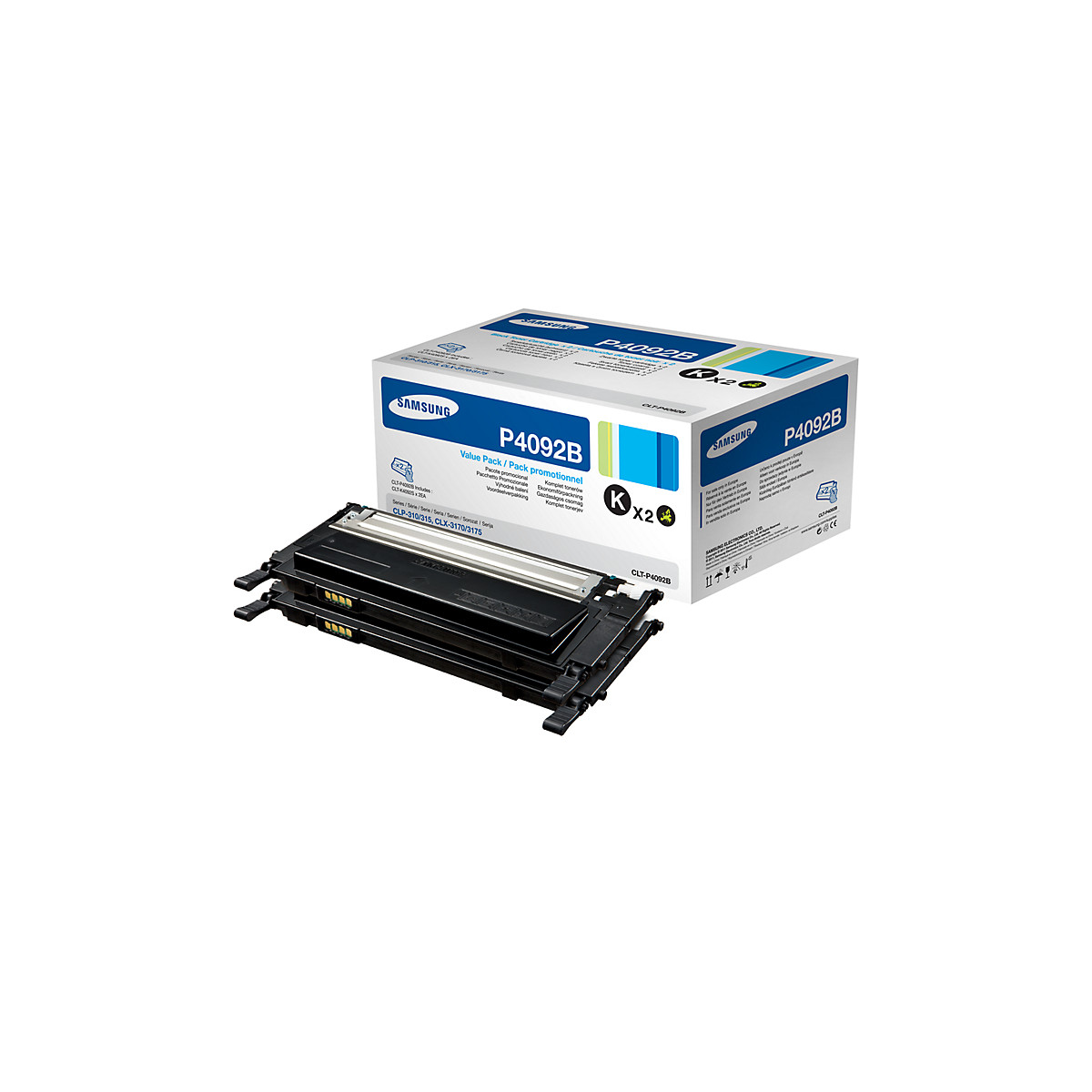 Un pacco promozionale di toner Samsung P4092B con due cartucce toner nere.