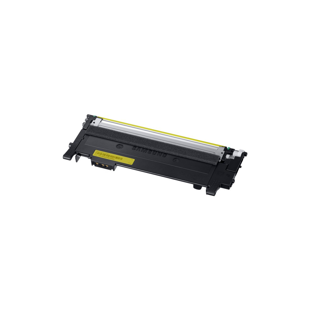 Cartuccia toner nera con striscia gialla e logo Samsung.