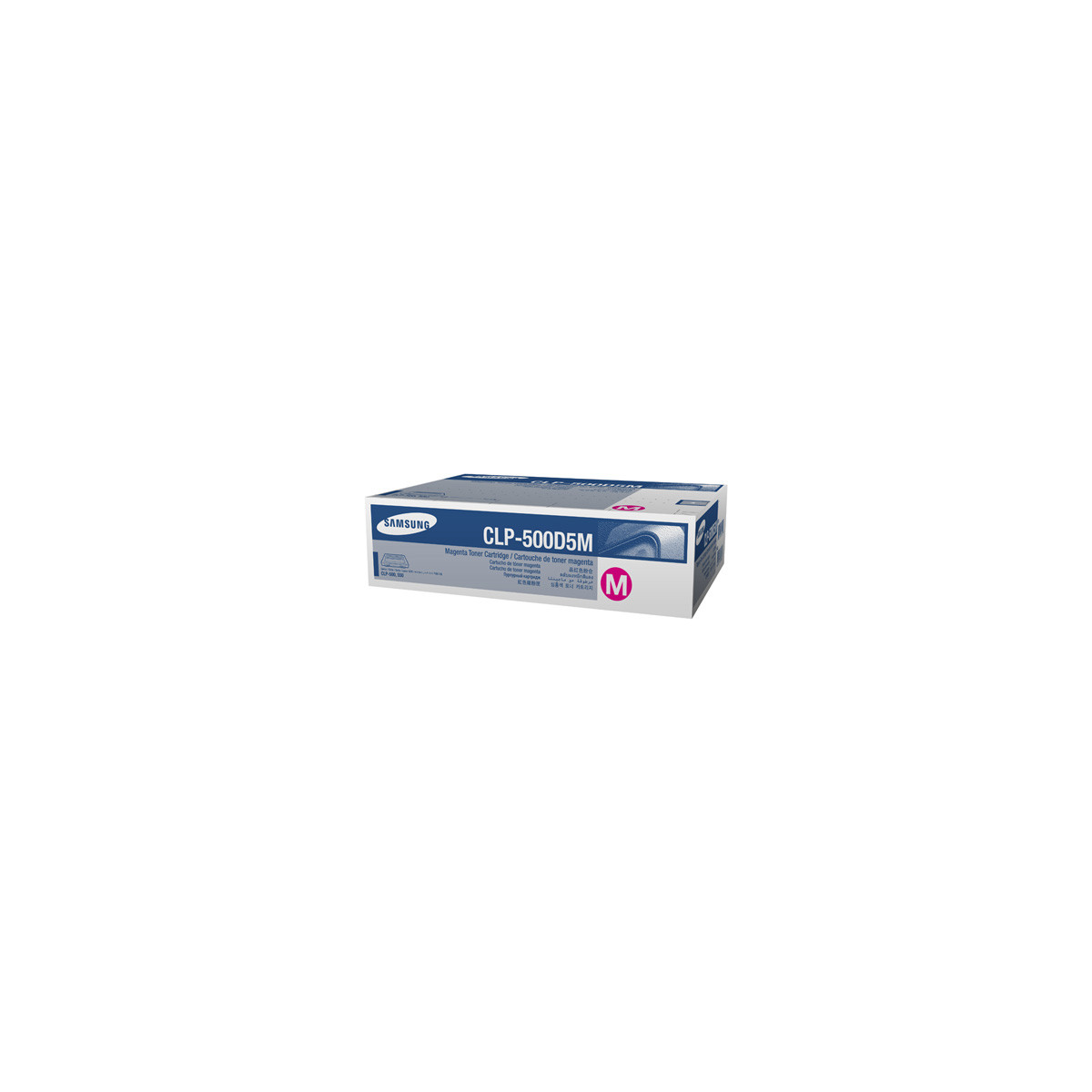 Cartuccia toner magenta Samsung CLP-500D5M nella sua scatola.