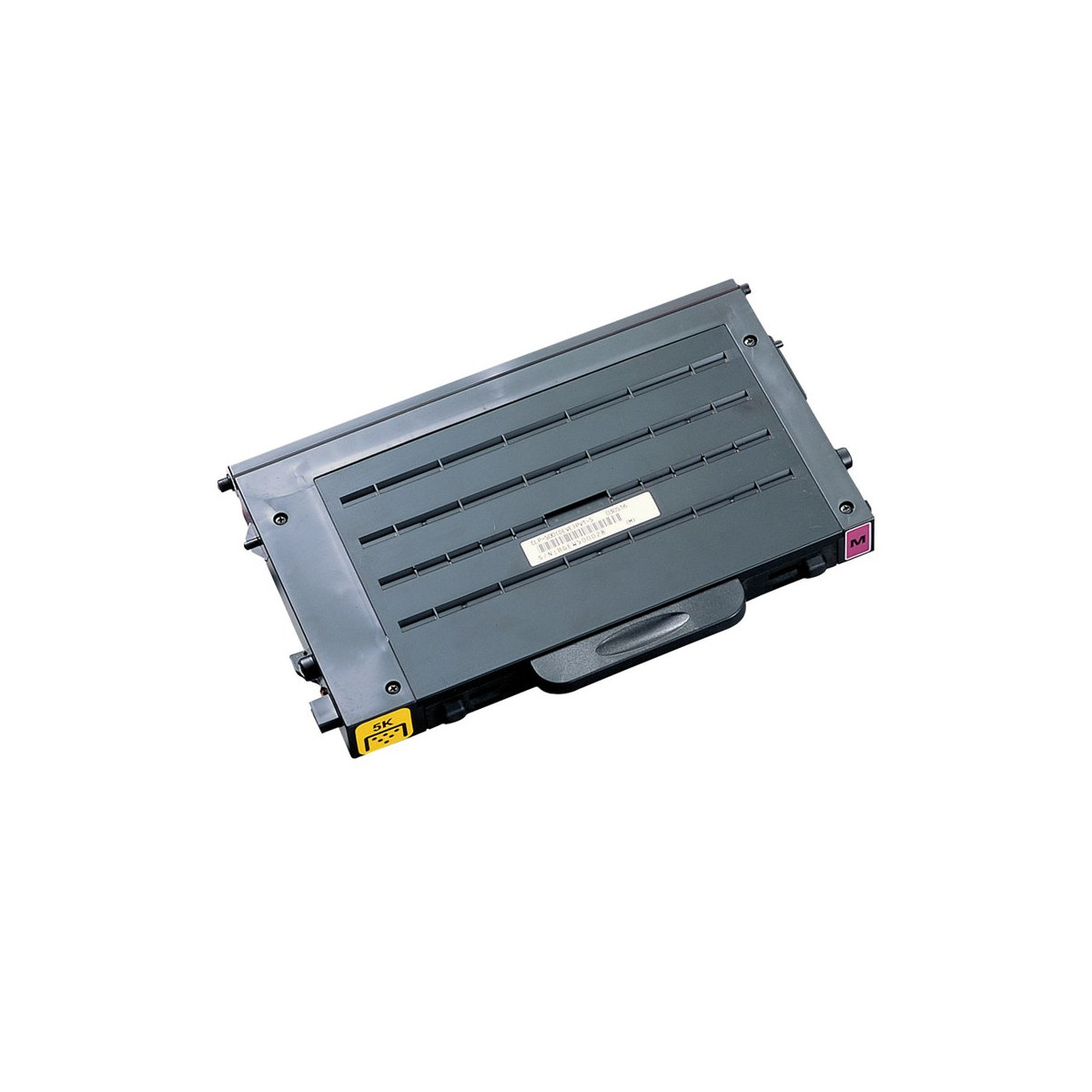 Cartuccia toner grigia per stampante con segni rosa "M" e gialli "5K".