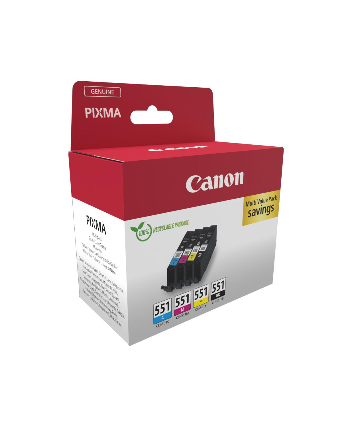 Opakowanie zbiorcze Canon Pixma z czterema wkładami atramentowymi: cyjan, magenta, żółty, czarny.