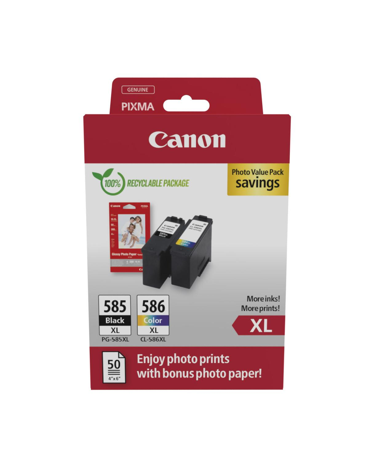Cartucce d'inchiostro Canon Pixma: taglie XL nero e colore con carta fotografica.