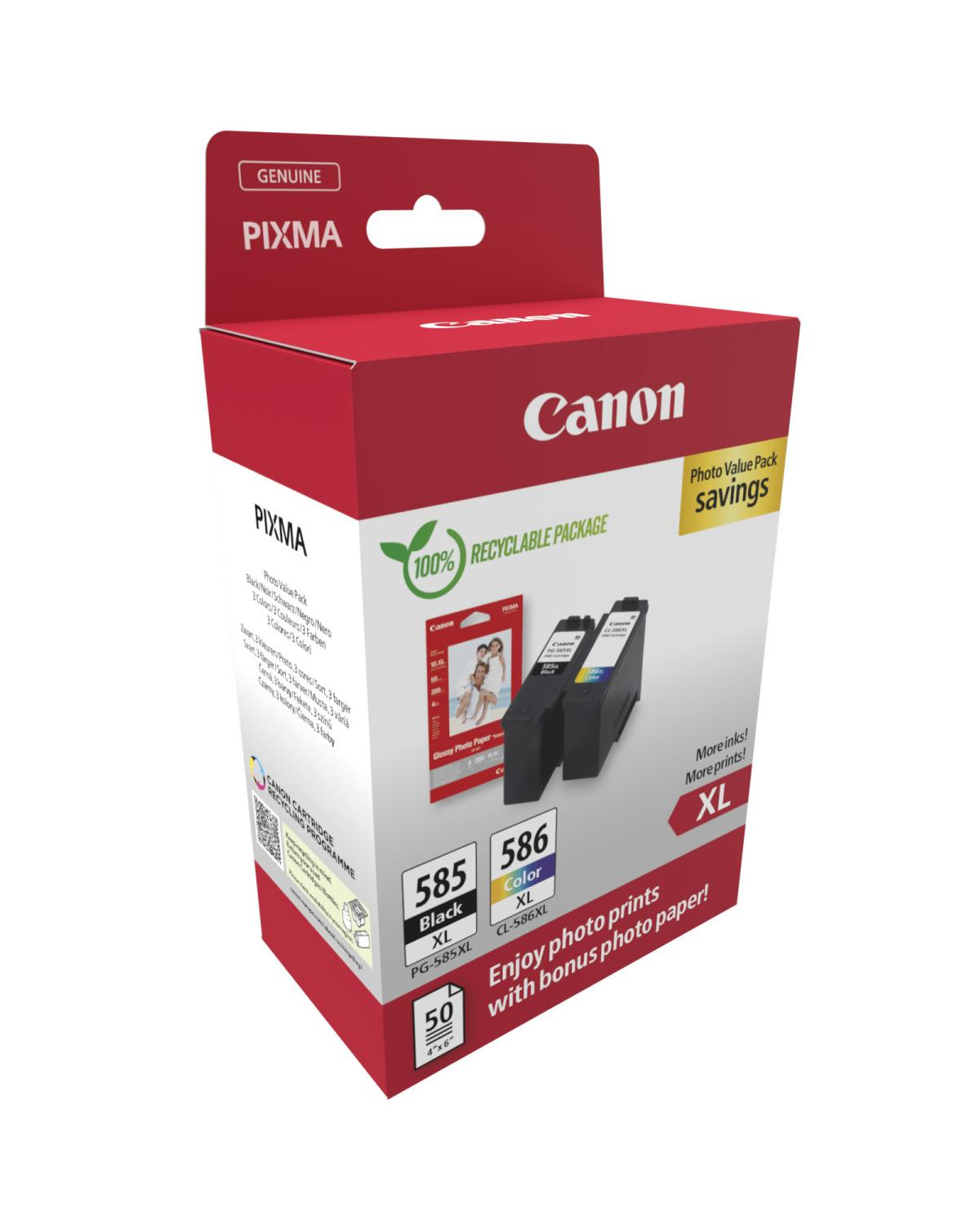 Cartucce d'inchiostro Canon PIXMA, 585 XL nero e 586 XL colore, con carta.