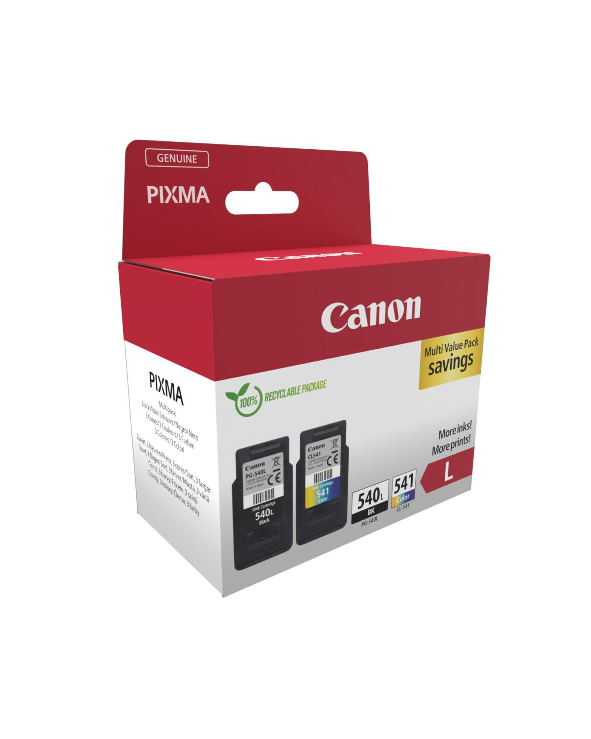 Wielopak tuszów Canon Pixma, jeden czarny, jeden kolorowy. Opakowanie nadające się do recyklingu.