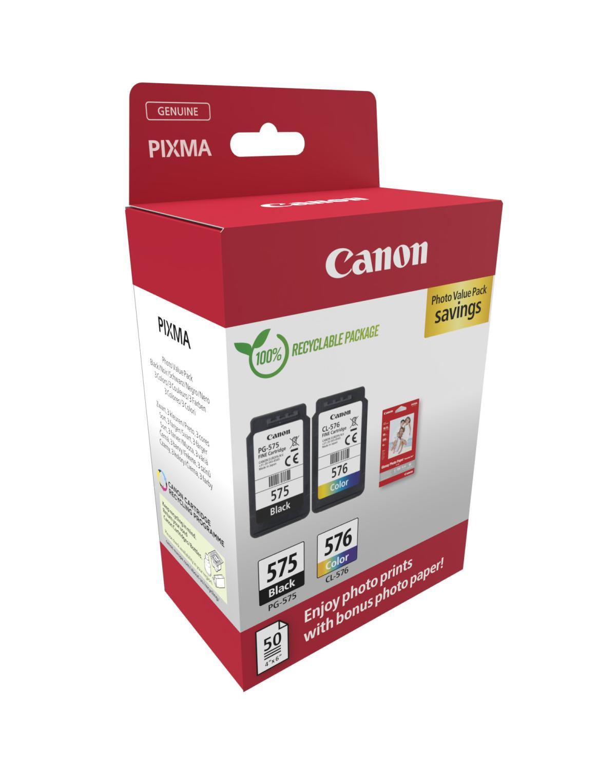 Canon Pixma Photo Value Pack: 1 cartucho negro y 1 de color, 50 hojas de papel fotográfico 10x15cm.