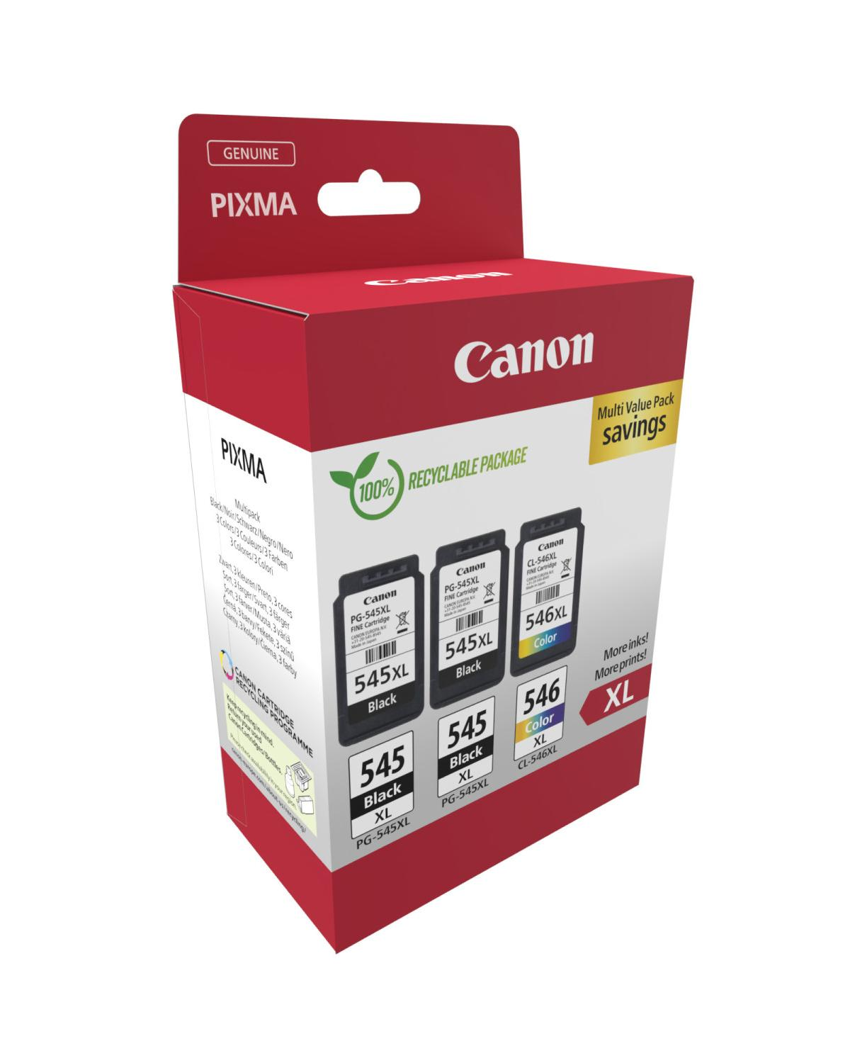 Wielopak wkładów Canon Pixma: 1 czarny, 2 kolorowe. 100% do recyklingu.