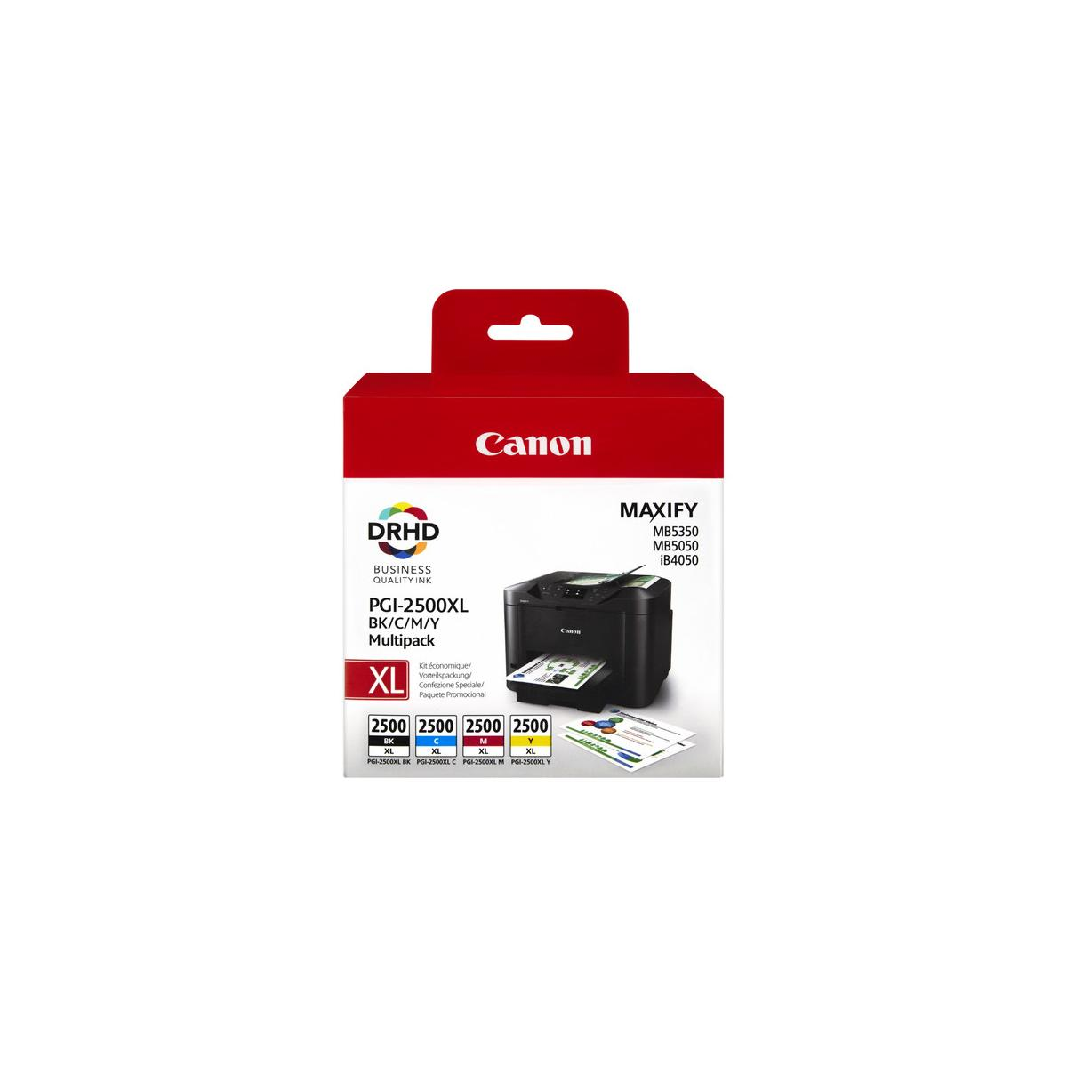 Stampante Canon MAXIFY con 4 cartucce d'inchiostro XL (BK/C/M/Y) sulla confezione.