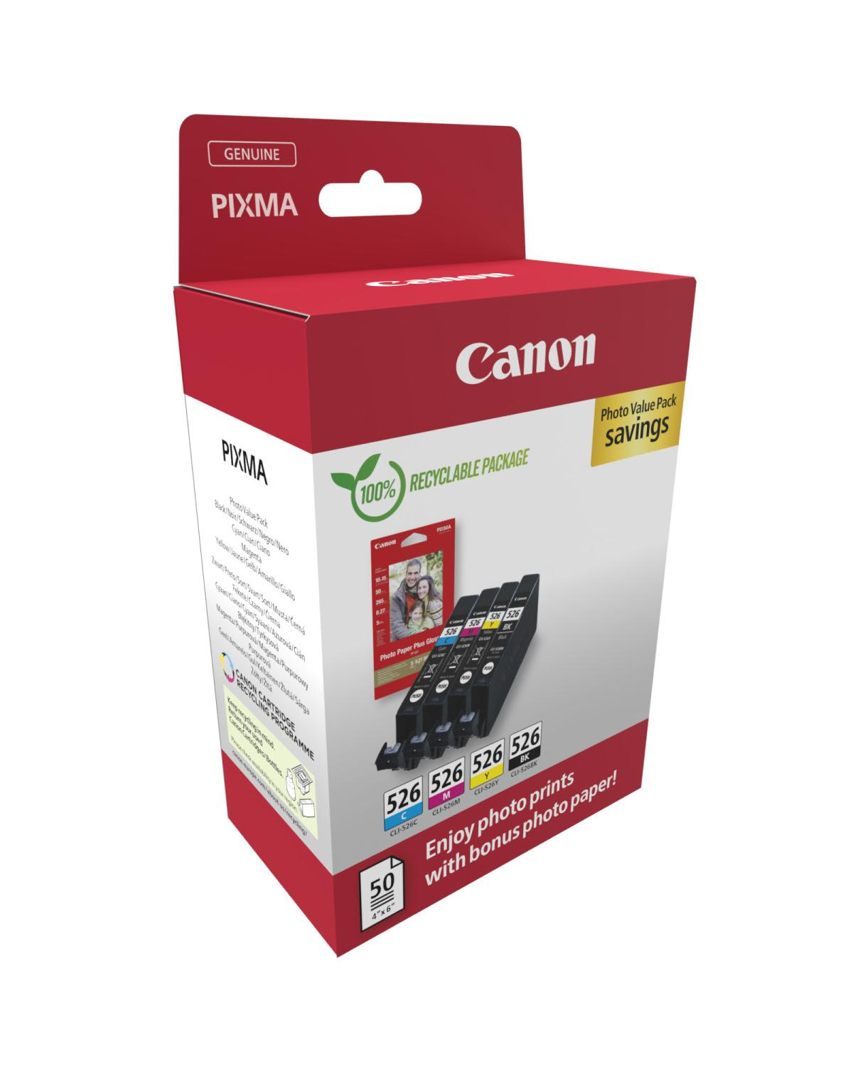 Cartuchos de tinta Canon Pixma con 50 hojas de papel fotográfico 10x15cm.