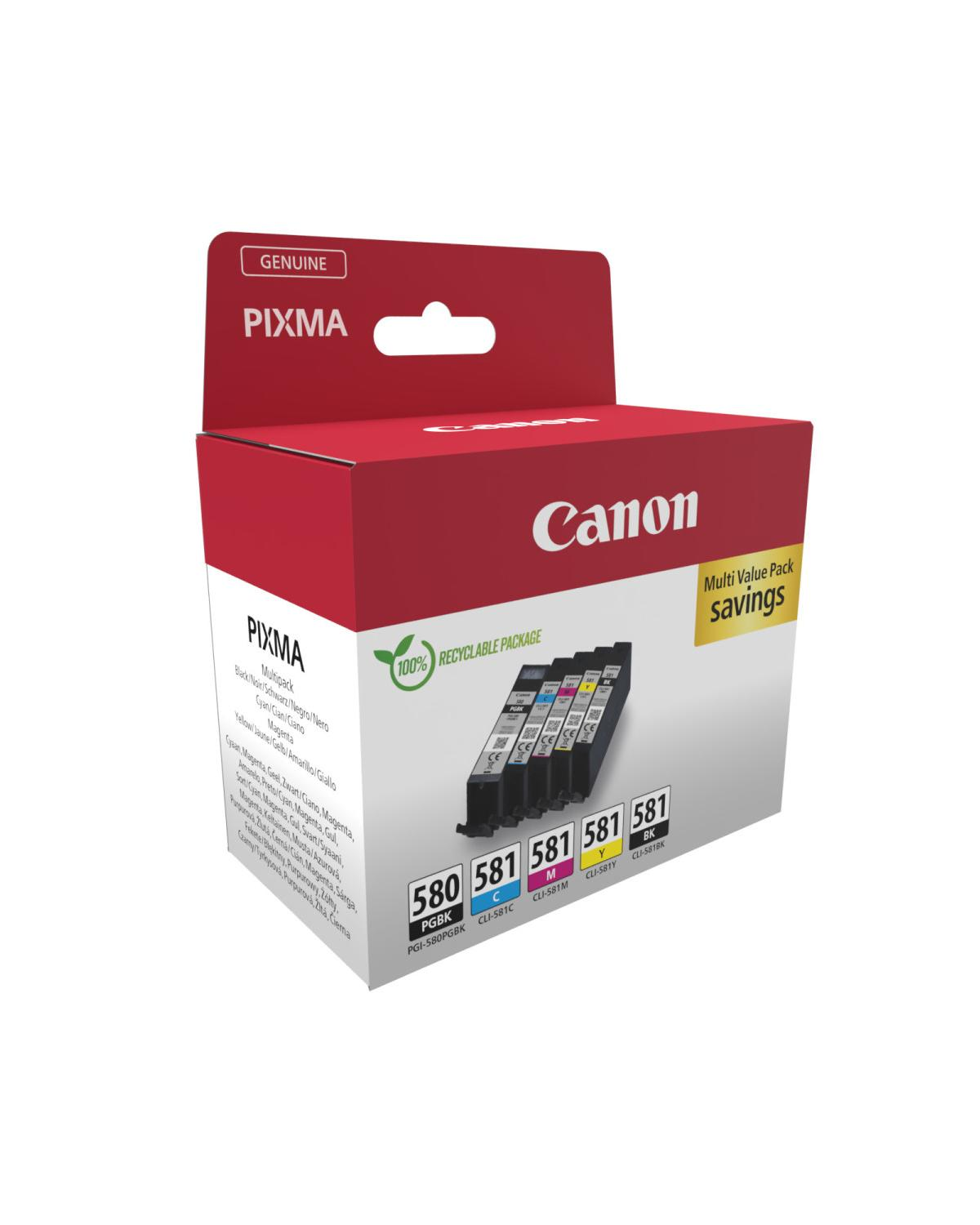 Wielopak wkładów atramentowych Canon PIXMA z 5 wkładami, w 100% nadaje się do recyklingu.