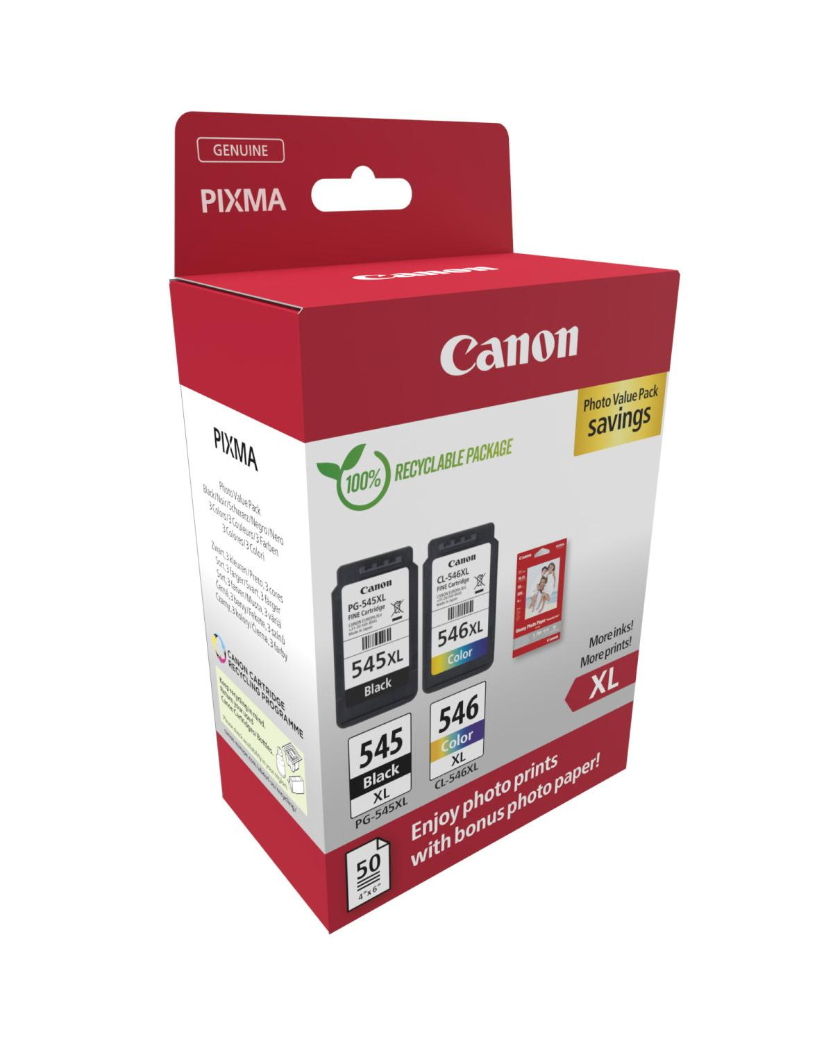 Canon Pixma inktcartridges, zwart en kleur XL, met fotopapier.