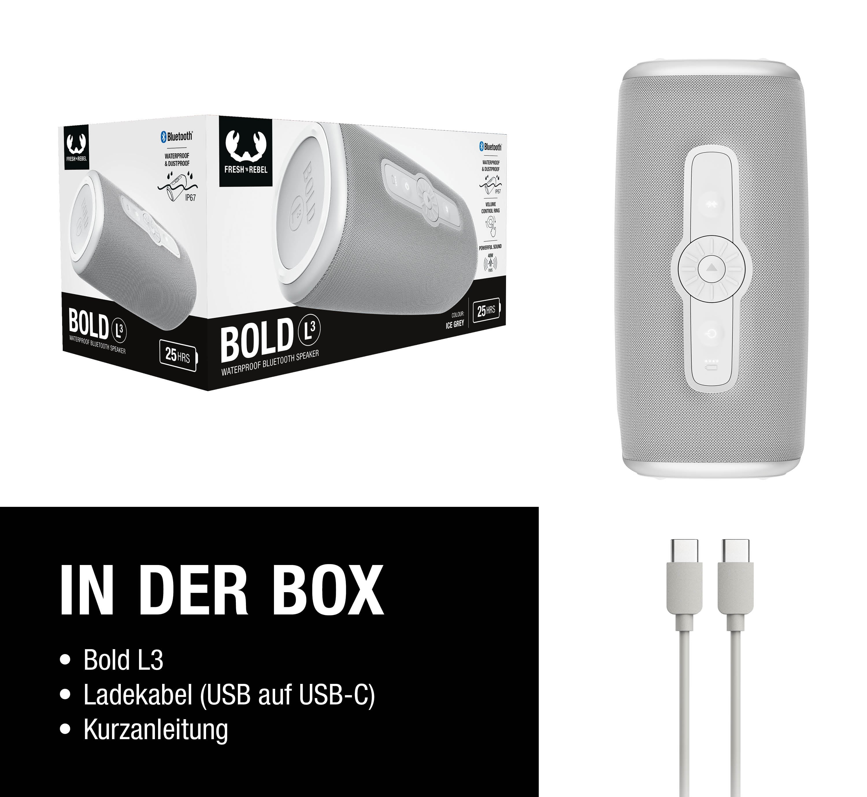Weißer Bluetooth-Lautsprecher mit Ladekabeln und Verpackung.