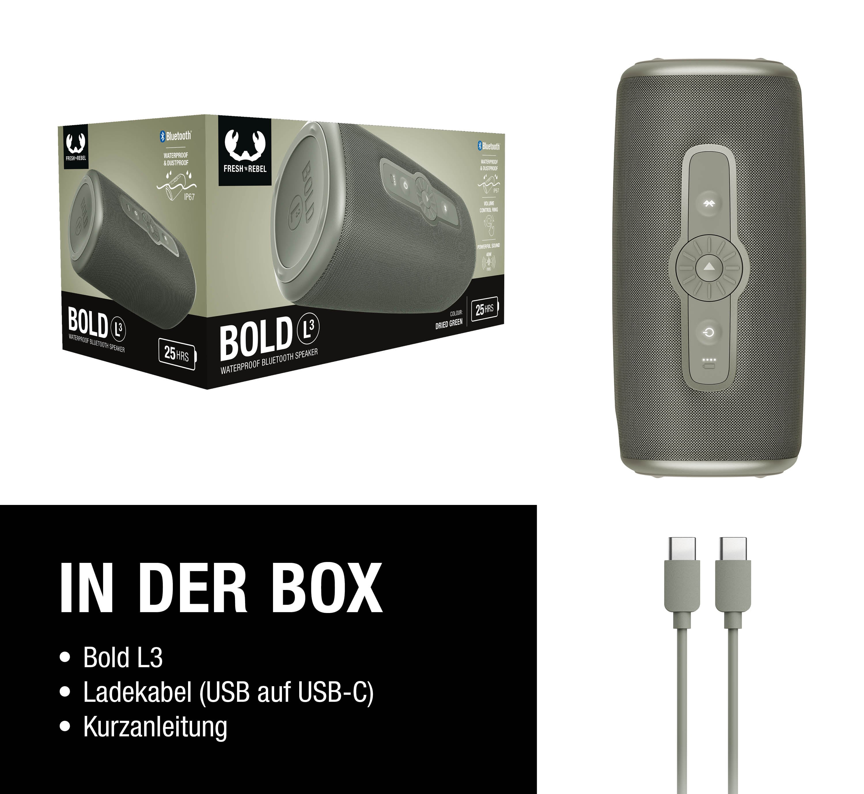 Ein trockengrüner Bluetooth-Lautsprecher mit Ladekabeln und Verpackungsinformationen.