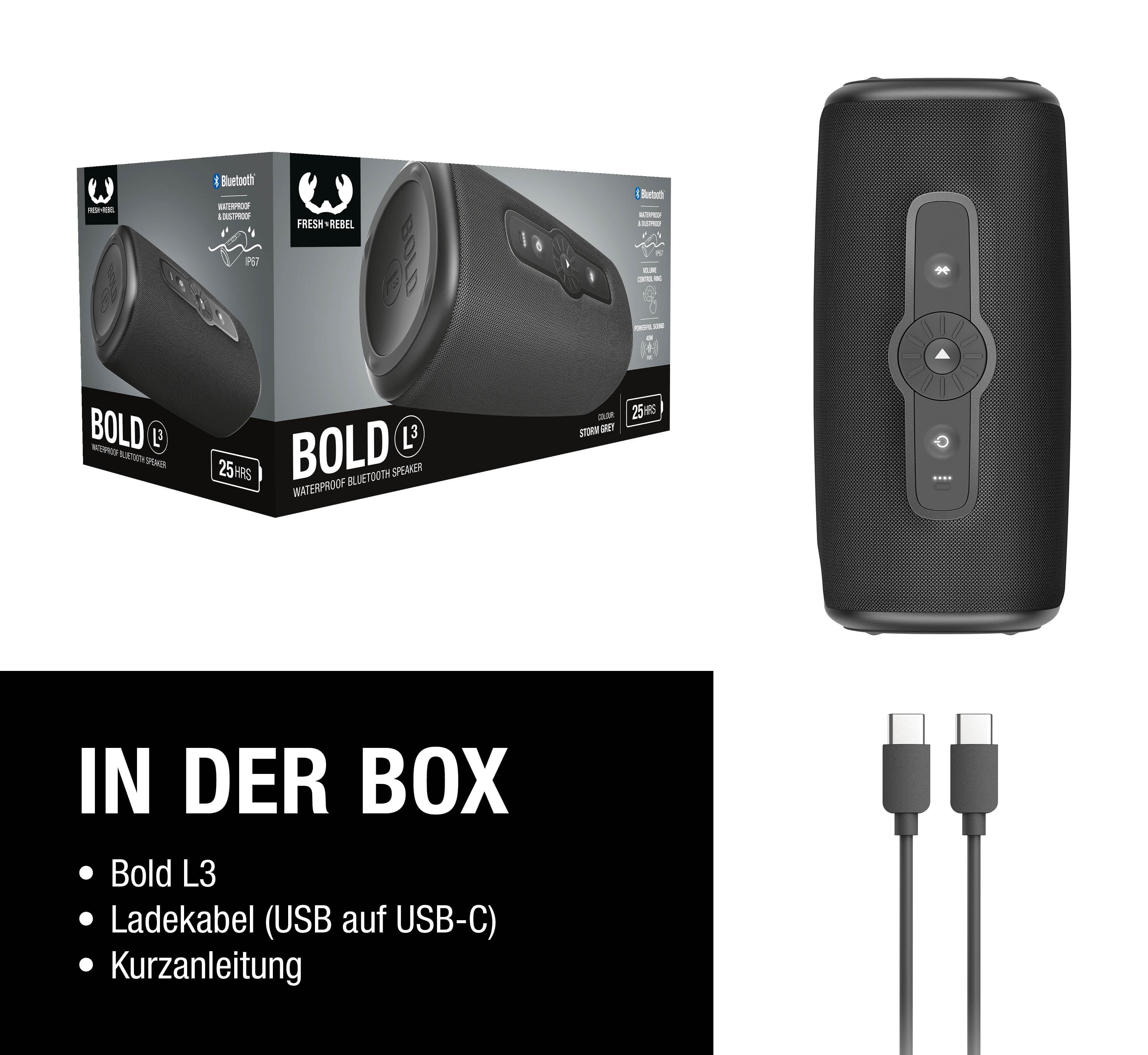 Ein grauer Bluetooth-Lautsprecher mit Zubehör und Verpackung.