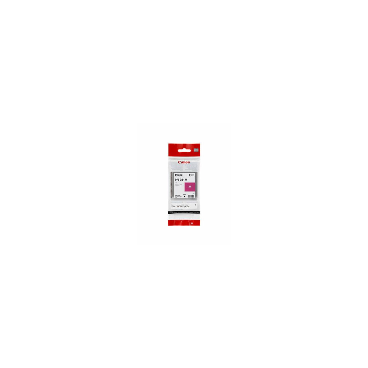Tinta Canon PFI-031M magenta, modelo M, en paquete.