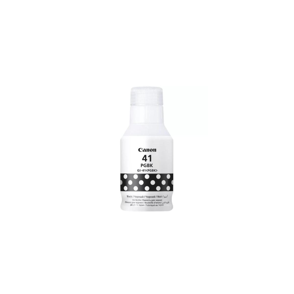 Bouteille blanche avec impression noire : encre Canon 41 PGBK.