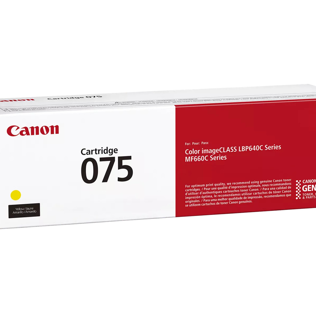 Canon 075 sarı toner kartuşu ambalajı, imageCLASS LBP640C/MF660C için.