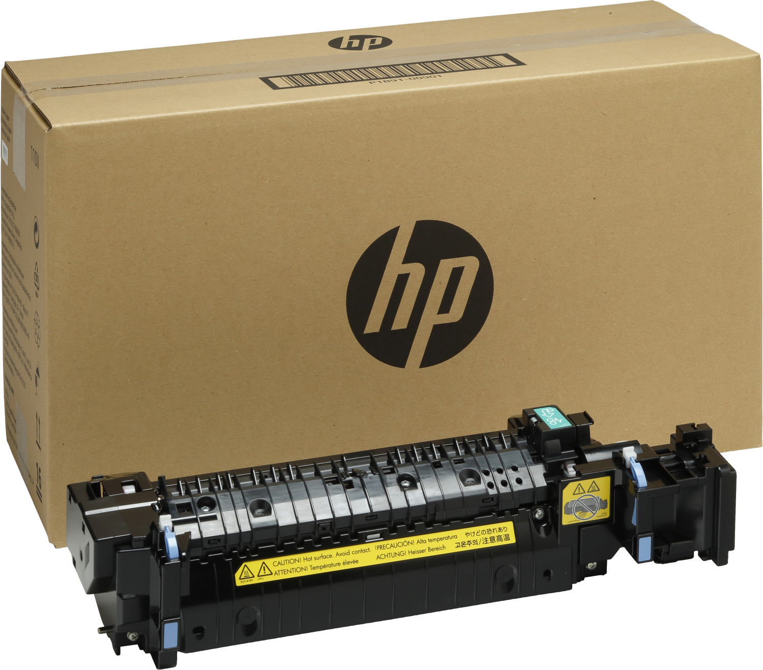 Parte di stampante HP e scatola HP con avvisi di calore.
