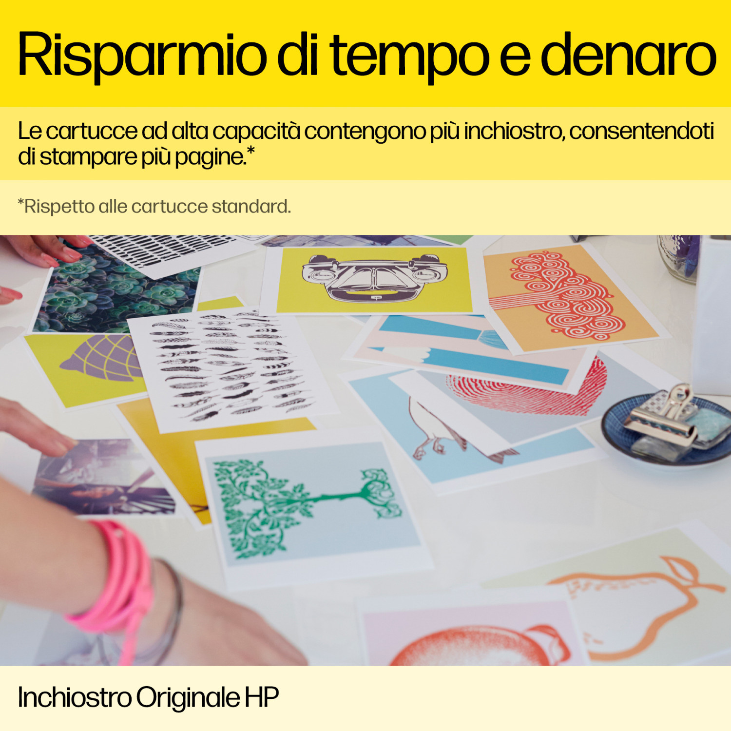 Immagini su un tavolo: stampe di piume, alberi, auto e altro.